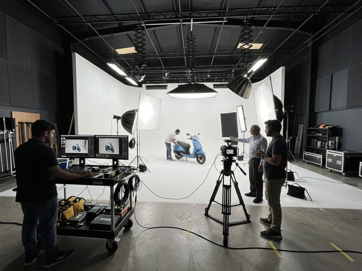 Studio shoot: lights, camera and monitors on a product set